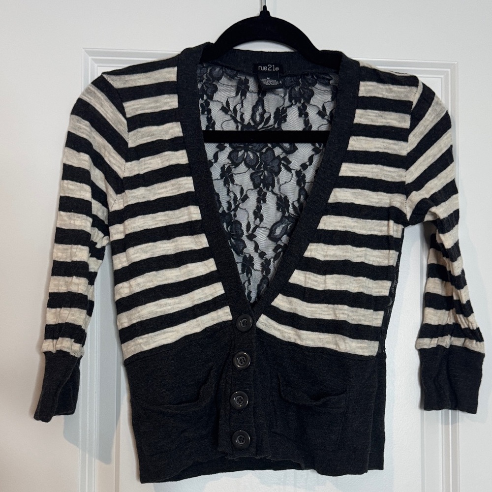 Rue21 Black and Cream Striped Cardigan